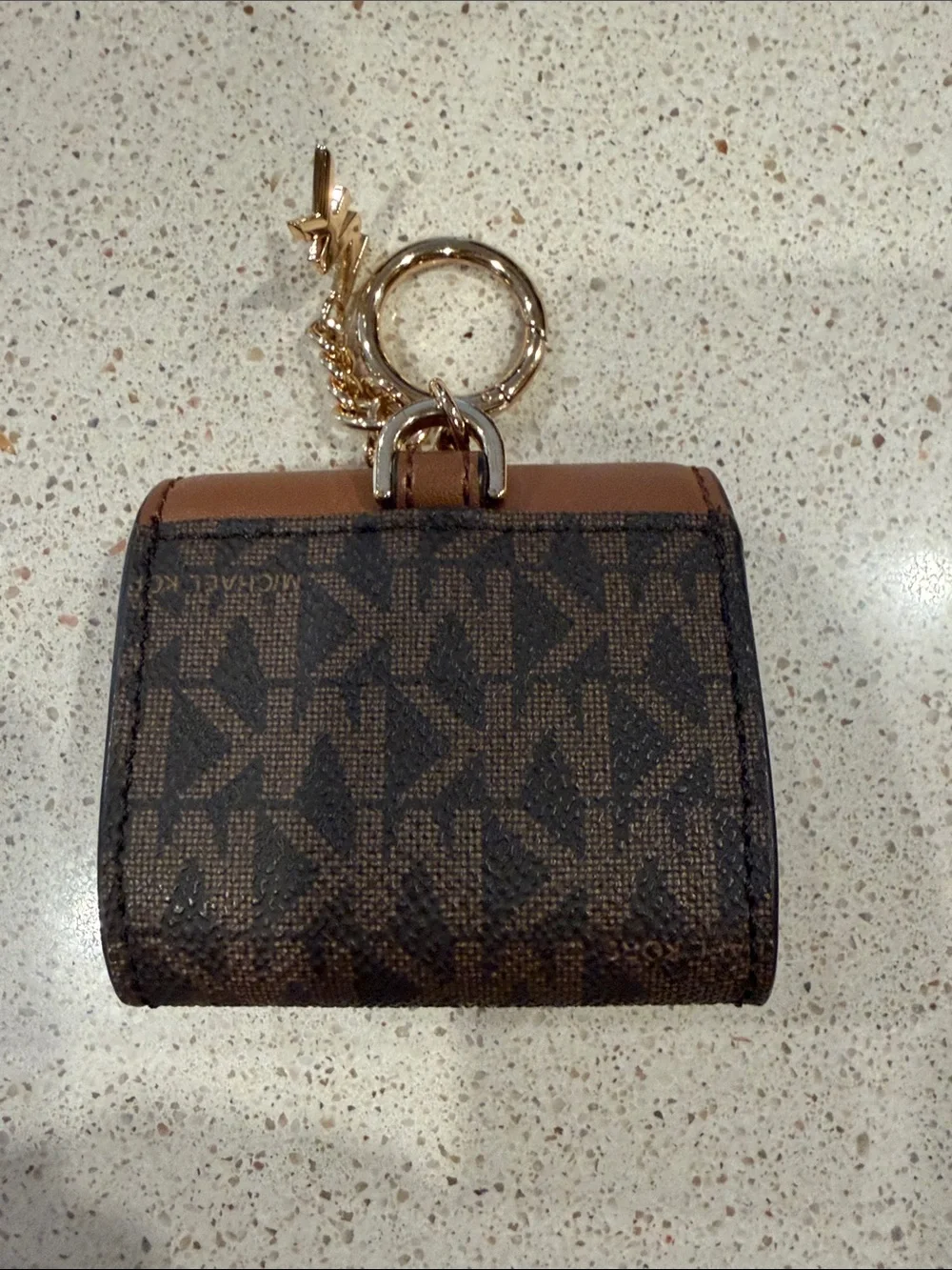 Michael Kors Brown Leather & Signature MK Air Pods Holder with Gold Charm